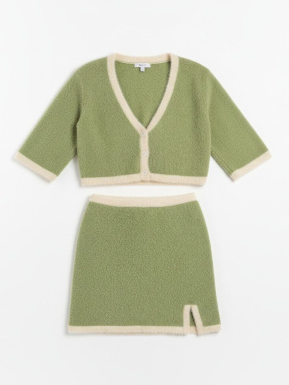 SABO Tai Crop Top & Mini Skirt Set Green Ivory Fluffy Knit Womens L